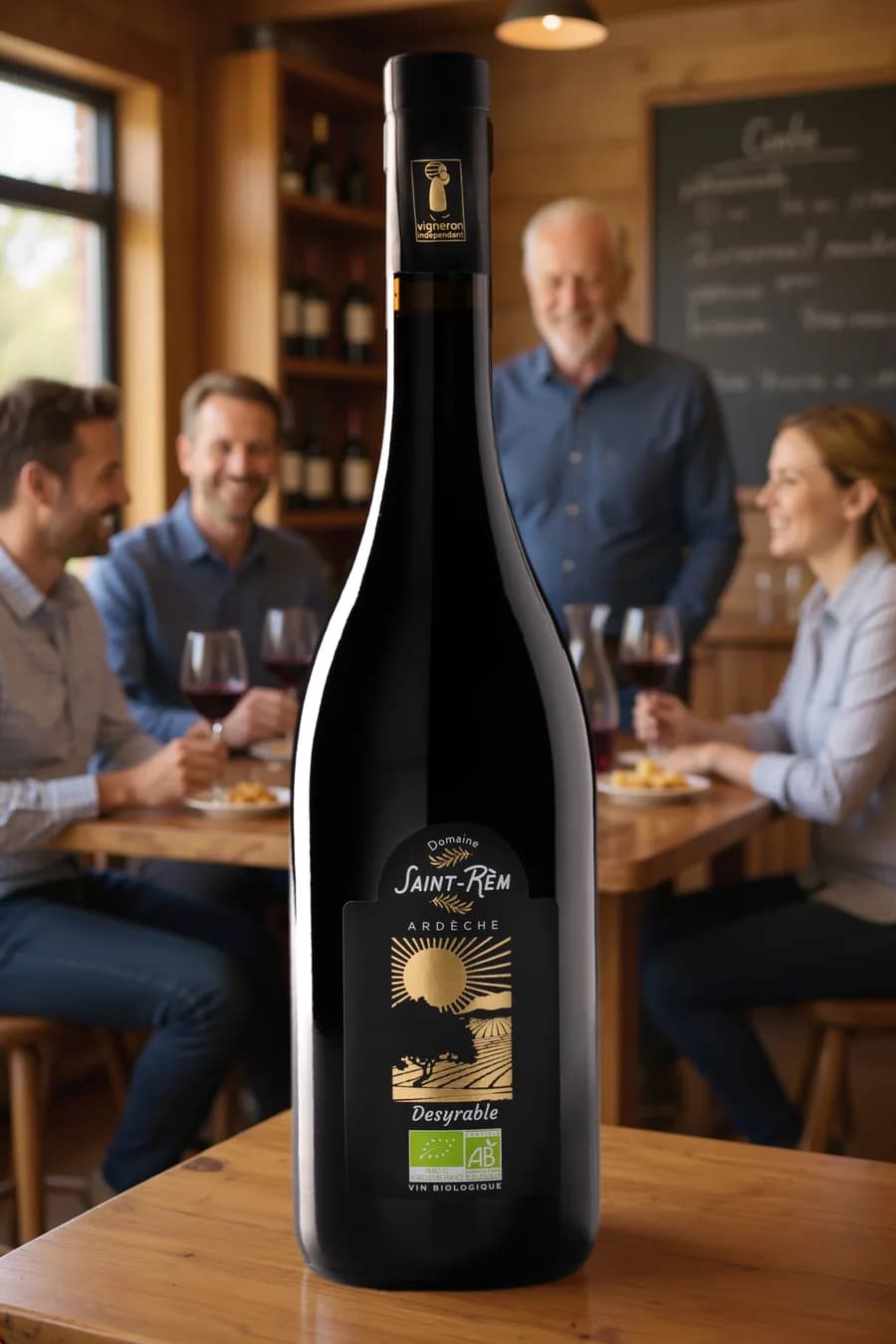Bouteille de vin bio Desyrable du Domaine Saint-Rèm mise en scène avec des amis autour d’une table, ambiance conviviale