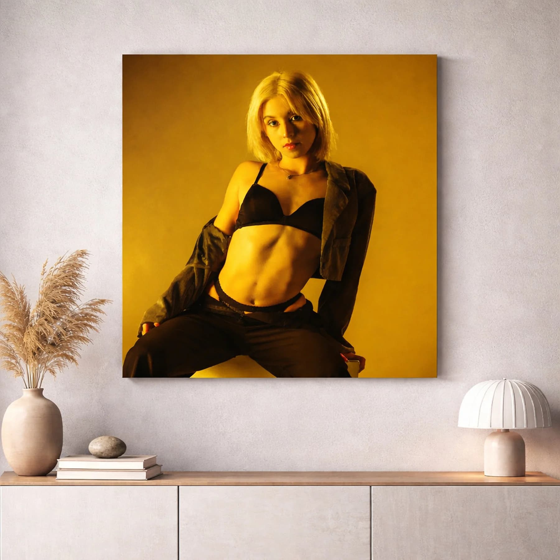 Tableau Laminamarc portrait mode shooting studio — rendu salon meuble bois déco murale