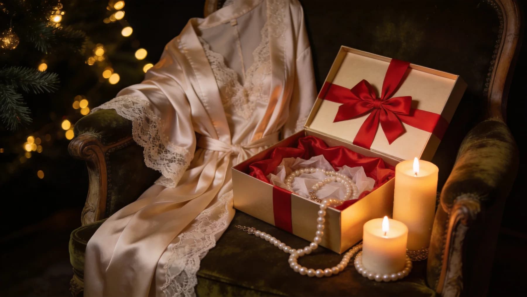 Peignoir de soie et dentelle sur un fauteuil velours près d'un coffret cadeau, lumière chaude de Noël, ambiance séance boudoir en studio