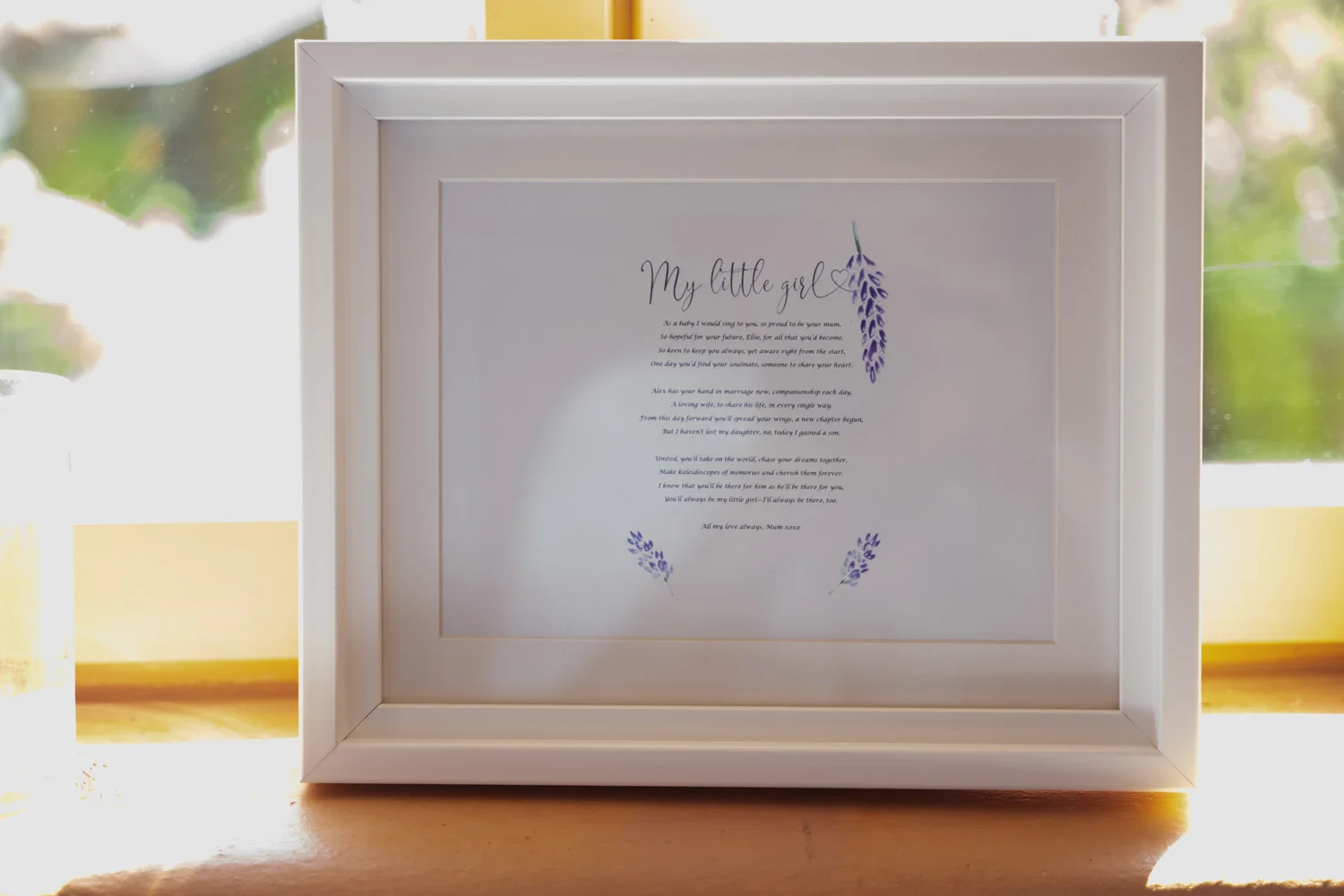 Mariages émouvant poème encadré blanc décoré de lavande aquarelle offert par une maman à sa fille le jour J.