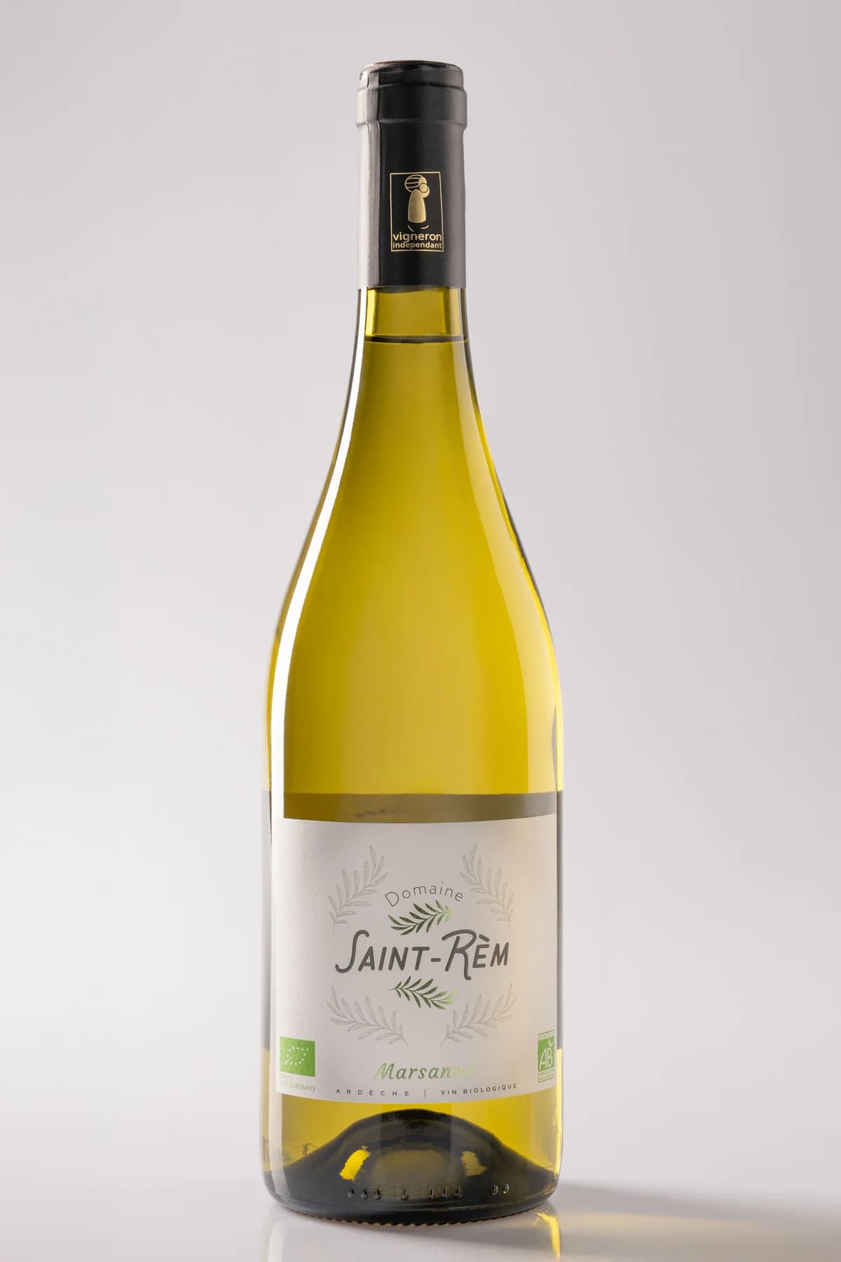 Packshot bouteille de Marsanne bio du Domaine viticole St Rèm - Saint Remèze Bio, fond neutre épuré.