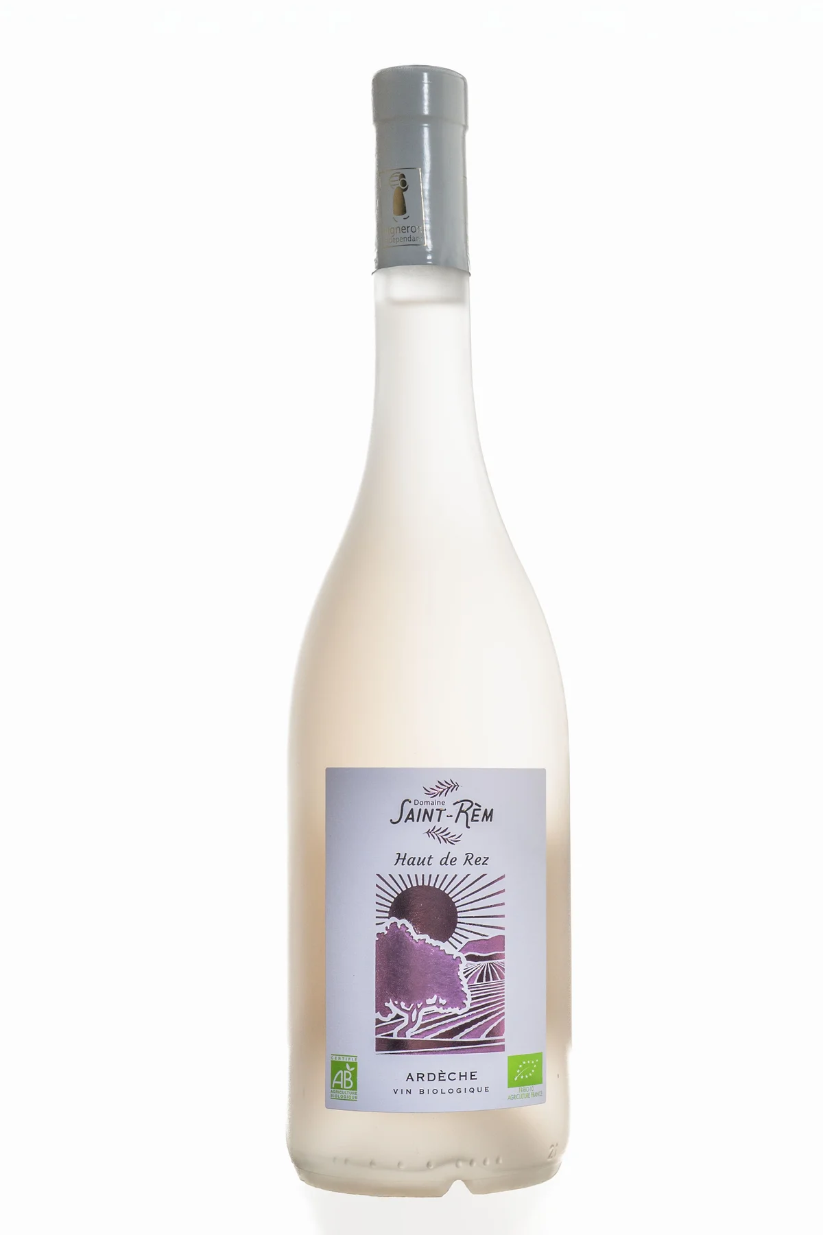 Packshot bouteille de vin rosé bio Haut de Rez du Domaine viticole St Rèm - Saint Remèze Bio, fond blanc épuré.