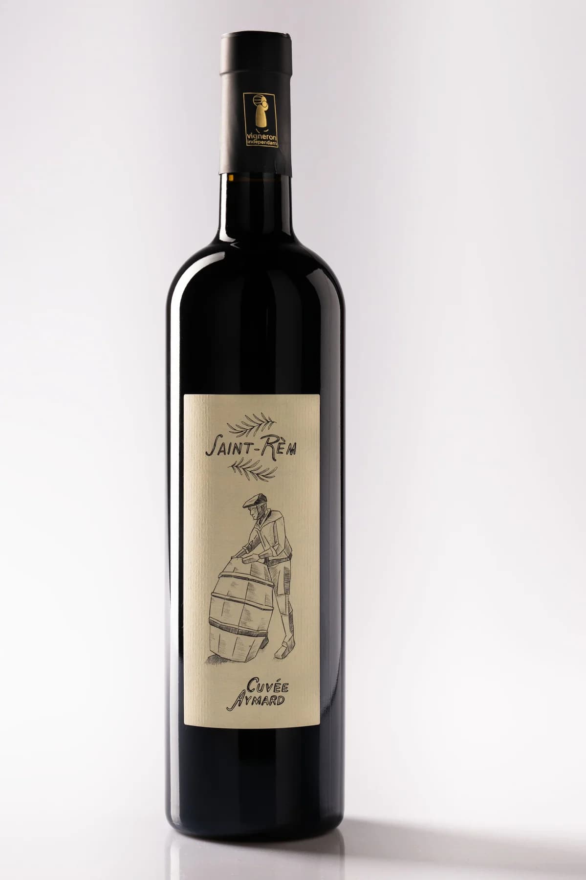 Packshot bouteille de vin rouge Cuvée Aymard du Domaine viticole St Rèm - Saint Remèze Bio sur fond blanc épuré.