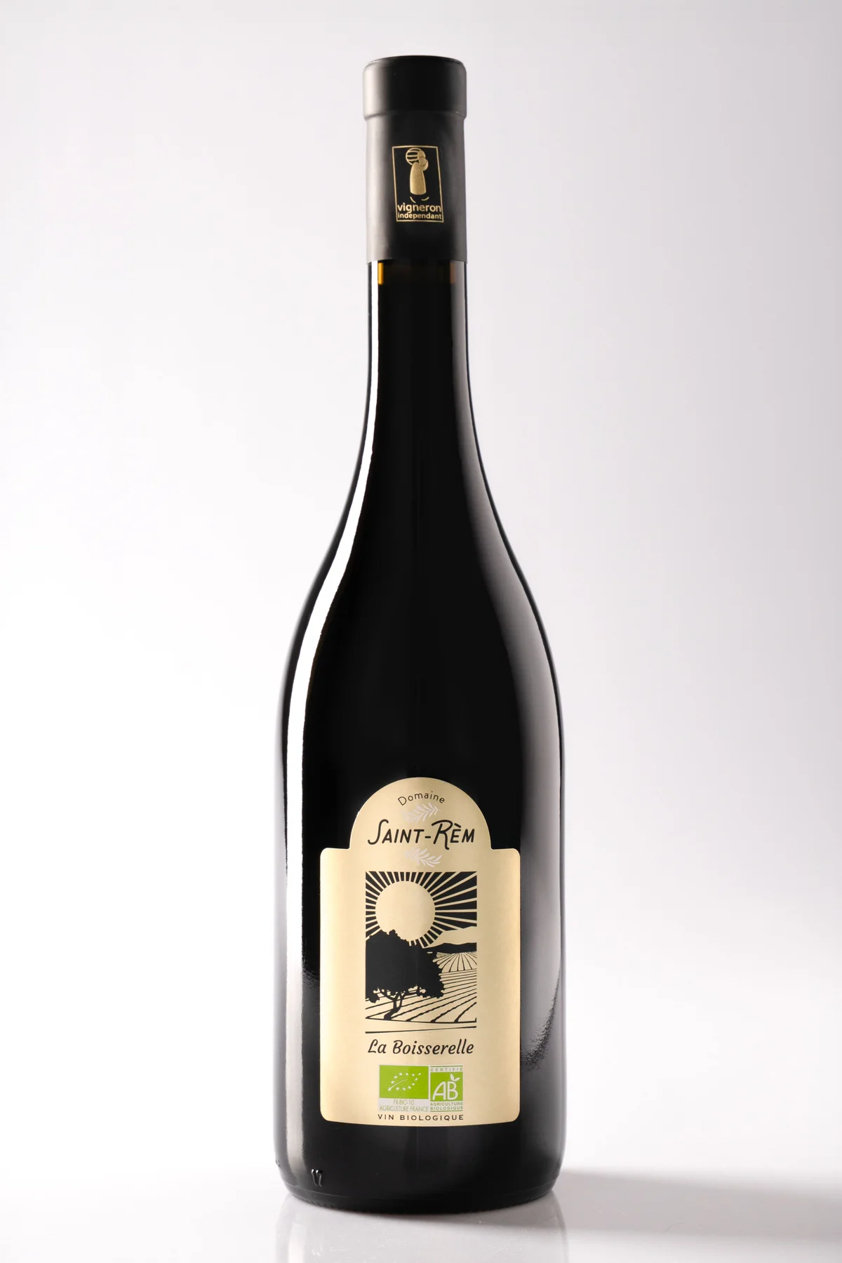 Packshot bouteille de vin rouge bio du Domaine viticole St Rèm - Saint Remèze Bio, fond neutre épuré.