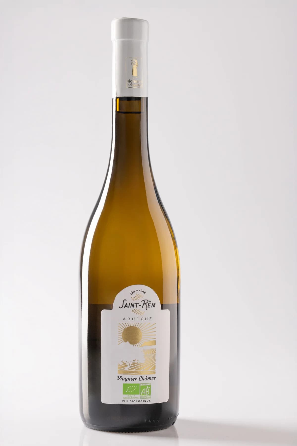 Packshot bouteille Viognier Châmes du Domaine viticole St Rèm - Saint Remèze Bio sur fond neutre épuré.