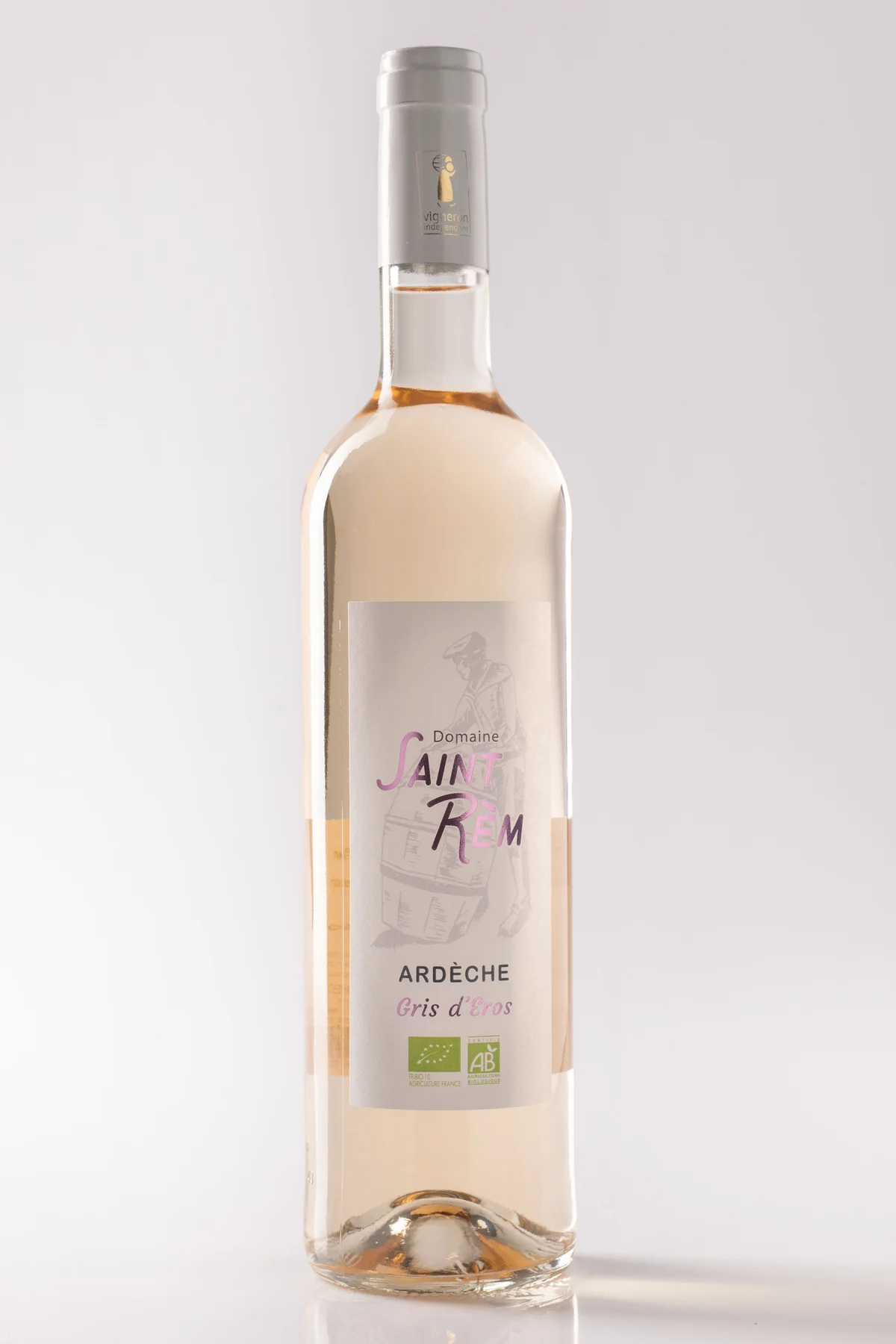 Packshot bouteille rosé Gris d'Eros du Domaine viticole St Rèm - Saint Remèze Bio, fond épuré.