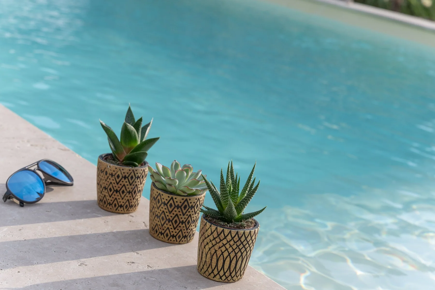 Plantes en pots artisanaux au bord de la piscine — propriété Pierrelatte