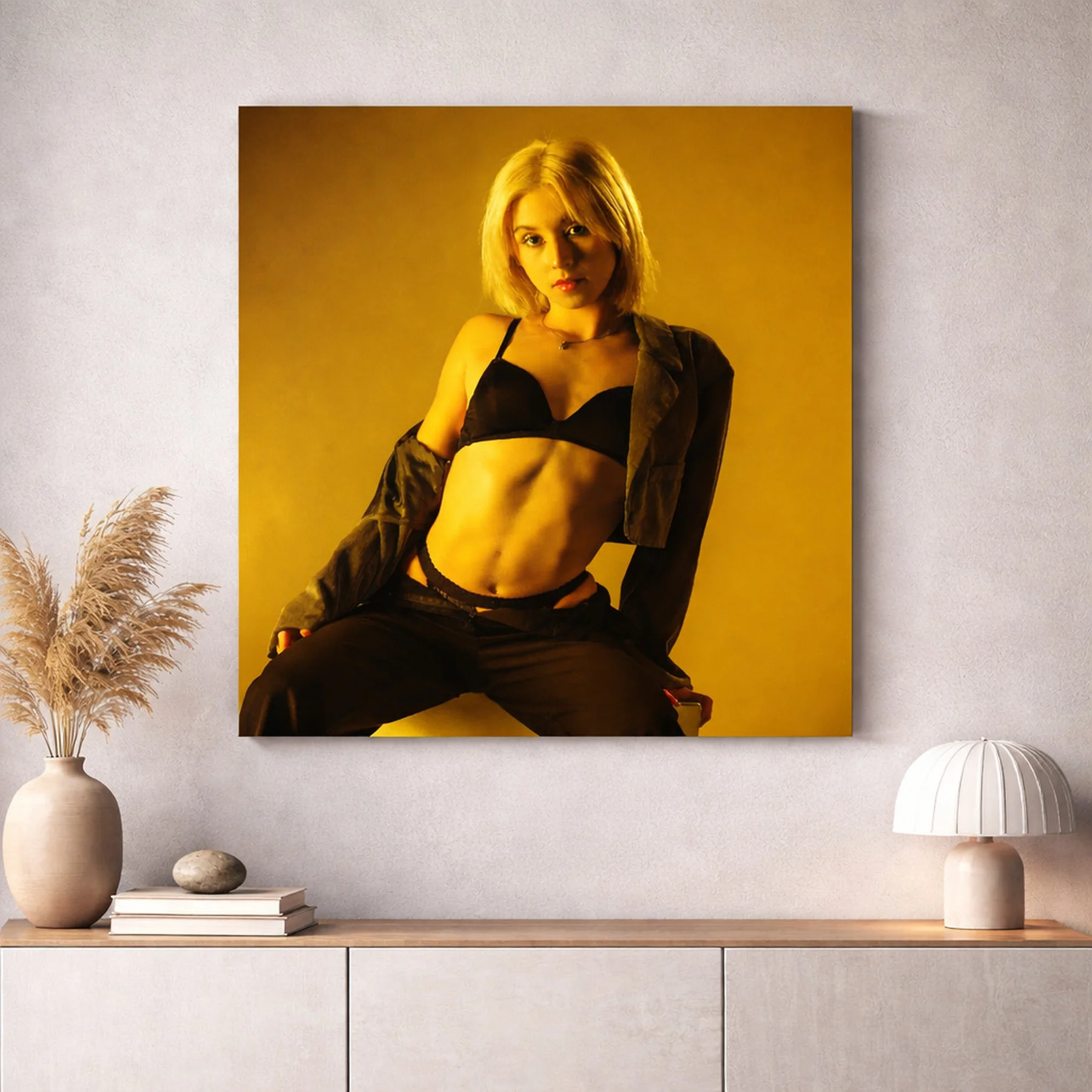 Tableau Laminamarc portrait mode shooting studio — rendu salon meuble bois déco murale